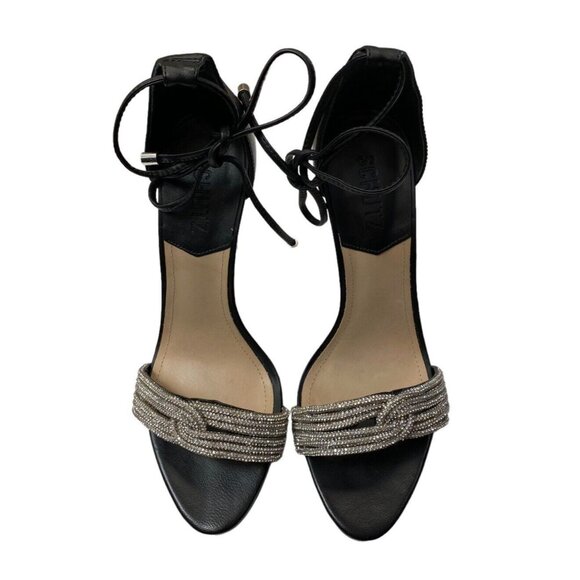 Schutz High Heels Sz 8.5 Women Andy Leather Strappy Sandals Black Silver Shoes - Picture 4 of 7